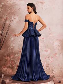 Váy dạ hội cổ điển hở vai BluePlum dành cho nữ, váy dạ hội không tay, sang trọng, xếp ly, gợi cảm, cầu kỳ, đính cườm lấp lánh, sang trọng, màu xanh navy. - Màu xanh hải quân - Xem 6