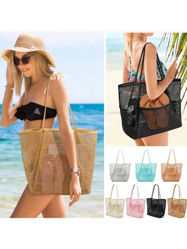1 pièce Sac de rangement en maille, sac de plage grande capacité à mailles, sac de plage à l'épaule lavable à la main, sac de filet de natation d'été, sac de plage grande capacité pour femmes, sac de rangement pour équipement de maillot de bain, sac tressé pliable, accessoires de plage, équipement de piscine