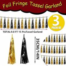 3P Metallic Fringe Tassel Banner Garland Foil Tinsel Streamer Wall Hanging Curtain Backdrop Banner For Parade Floats, Graduation Decorations, Father's Day Party Decoration(Silver)Halloween Christmas New Year - 黑金 - 查看 2