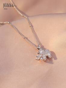 Hihho 1pc Copper Cubic Zirconia Elephant Pendant Necklace - Stainless Steel Chain Plated 18K Gold - Women's Jewelry - Fashionable & Elegant, Suitable As Wife/Lady Gift (Random Number Of Beads On Chain)