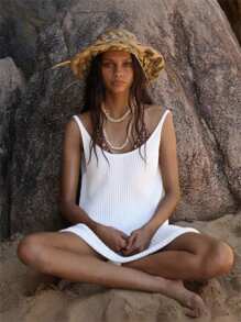 女式简约纯色华夫格面料宽松沙滩罩衫连衣裙，夏季 - 白色 - 查看 1