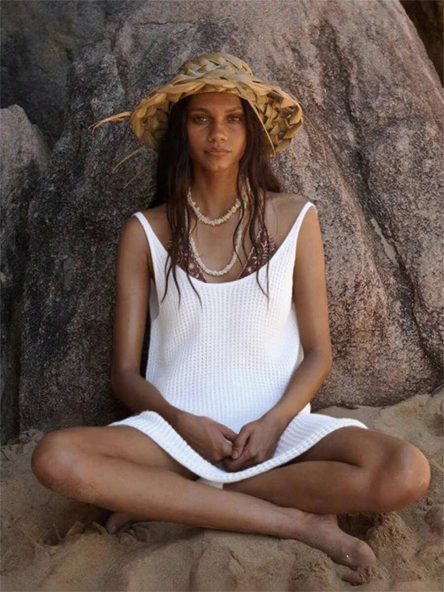 女式简约纯色华夫格面料宽松沙滩罩衫连衣裙，夏季 - 白色 - 查看 1