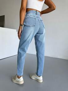 Hoch taillierte Knie Laser zerrissene Freund Mutter Jeans, einfarbig zerstört asymmetrische/asymmetrische Taschen