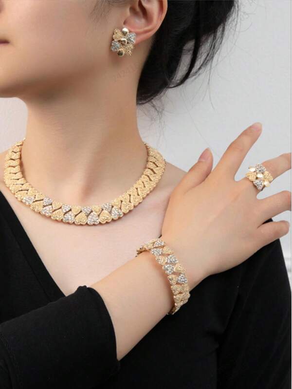 5pcs Luxury Gold Tone Jewelry Set, Elegant Women Necklace Set, Fashion Jewelry Set With Rhinestones, Suitable For Parties And Celebrations