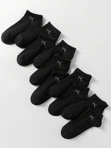 10双黑色蝴蝶结袜子，简约优雅的日式小丑休闲风格，舒适透气，适合运动穿着 - 黑色 - 查看 2