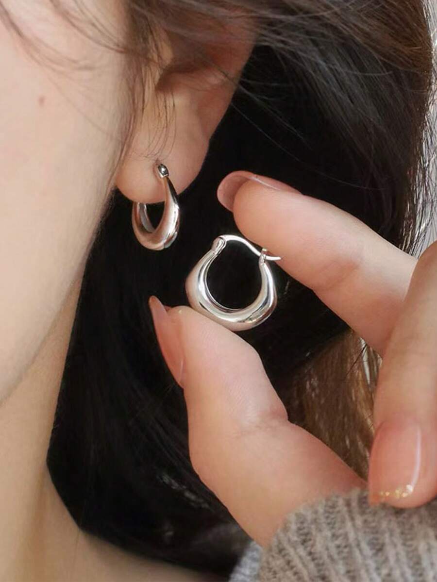 1 对时尚精致的银色几何环形耳环，适合女性任何场合 - 銀色 - 查看 1
