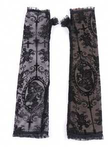 1 Pair Lace Half Finger Gloves With Long Arm Sleeve, Cosplay Costume Accessories, Sheer Dark Gothic Sexy - Black - View 3