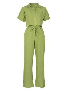 2 piezas Traje informal de lino talla grande: Camisa de manga corta y pantalones de pierna ancha, primavera/verano - Verde militar - Ver 3