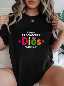 Women's T-Shirt Casual Loose Black Spanish Text And Colorful Butterfly Print Inspirational Quotes Daily Wear Shirts Summer Tops Graphic Tees Summer Outfits For Women Graphic Tees Women Crop Tops Tops For Women - Black - View 1