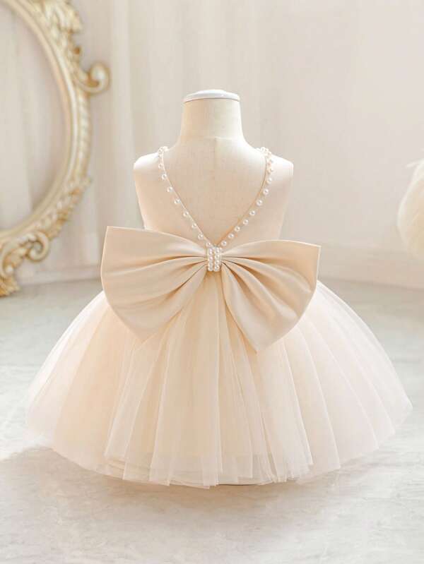 Baby Girls Rhinestone Bow Tulle Easter Party Princess Dress, Elegant Party Gown For Baby's First Birthday, Reception, Banquet & Holiday Celebration