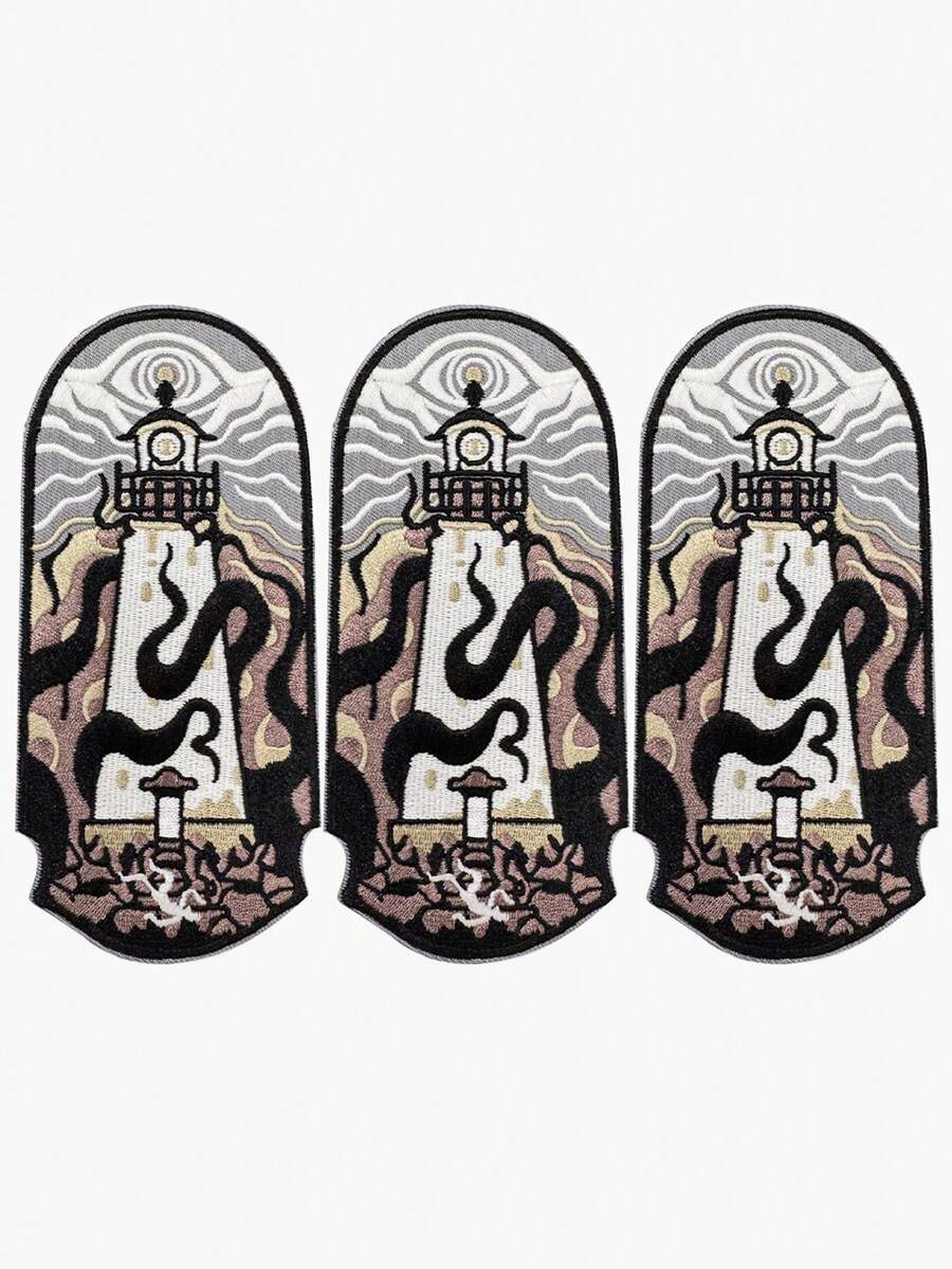3pcs Luminous Lighthouse Embroidered Patch, Luminous Patch, Lighthouse Patch, Dark, Gothic, Punk, Alternative Back Patch, Can Be Ironed/Sewn, Suitable For Clothing, Backpacks, Hats - 彩色 - 查看 1