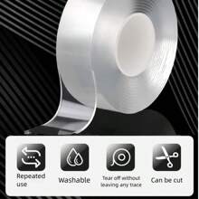 1 PC Super-Strong Double-Sided Adhesive Tape, High-Adhesion Double-Sided Tape That Leaves No Residue, Hole-Free Acrylic Transparent Tape, Waterproof Magic Tape, Washable And Reusable Waterproof Transparent Double-Sided Tape, Suitable For Kitchen, Bathroom, Home, Wedding Decorations, And Car Stickers.