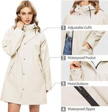 UNIQUEBELLA Rain Jackets For Women Waterproof, Raincoat Long Hooded Rain Coats Outdoor Windbreaker Trench Coat - 升級米色 - 查看 4