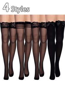 1/4 Pairs Of Women's Knee Socks, Bow Knee Socks, Girls Thigh Socks - Black - View 9