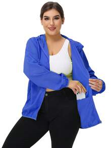 1pc Women's Lightweight Hooded Solid Color Running Beach Jacket, Plus Size Outdoor Sports Casual Jacket - Royal Blue - View 4