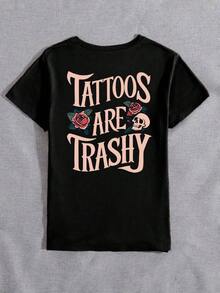 Camiseta de manga corta con cuello redondo y gráfico de calavera y rosa para mujeres, top versátil y de moda casual diario - Negro - Ver 3