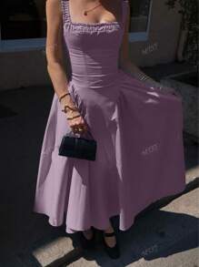 Vestido sólido casual y elegante con fruncido y patchwork para primavera y verano, estilo campo