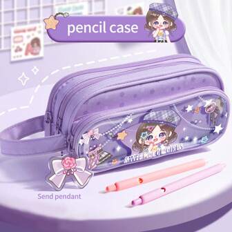 Estuche para lápices de 3 capas de alta capacidad, bolsa de papelería transparente a prueba de agua con lindo colgante de dibujos animados (estilo aleatorio), suministros escolares, de vuelta a la escuela