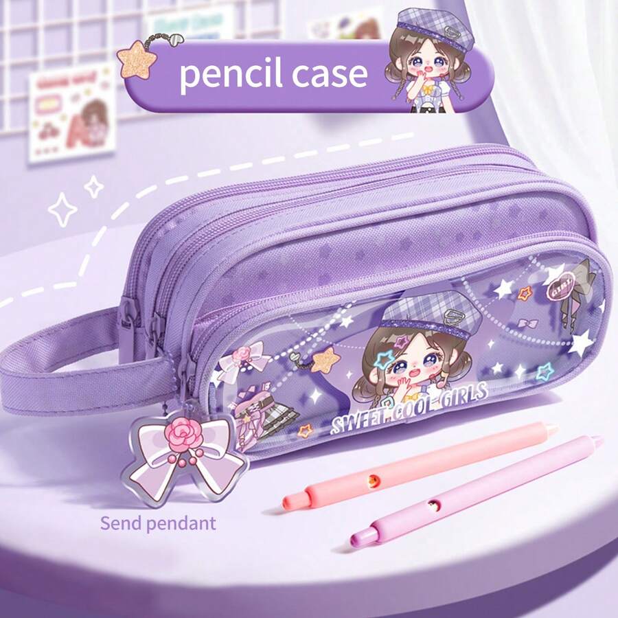 三层大容量铅笔盒，防水透明卡通学生文具包，带可爱卡通挂件（款式随机），学习用品，返校季 - 紫色 - 查看 1