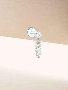 EleRunis 1PC 925 Sterling Silver 16G Cz Dangle Push Pin Theadless Labret Flat Back Cartilage Tragus Helix Piercing Earring Fine Jewelry For Daily Wear Wedding Party Engagement Anniversary Valentine's Day - Silver - View 8