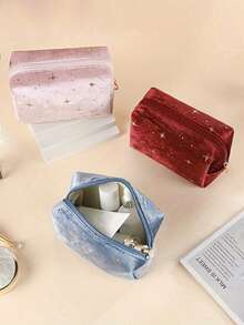 1pc Velvet Star Octagonal Cosmetic Bag, Large Capacity Portable Makeup Bag, Travel Organizer Pouch For Cosmetics, Skincare, Lipsticks, Simple Solid Color Style, Great Gift Item Travel Essentials Bag For School Vacation Holiday Back To School Supplies Travel Bag For Women - Multicolor - View 2