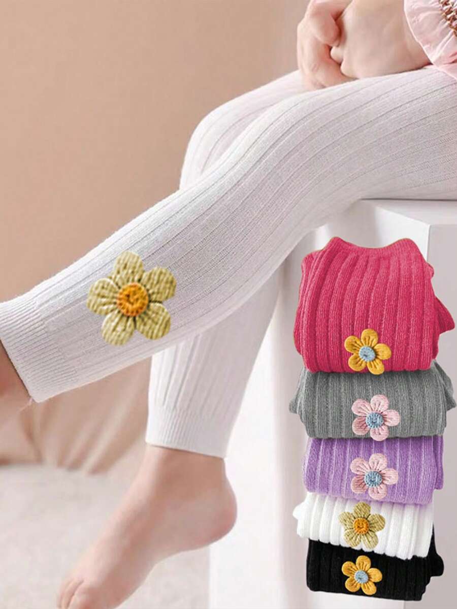 2 件女童秋冬罗纹 7/8 打底裤,柔软弹力纯色针织紧身裤,适合户外穿着,可爱花卉紧身裤 - 彩色 - 查看 1