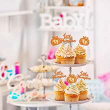 12pcs/Set Pumpkin Paper Cupcake Decorations - Glitter Pumpkin Cupcake Toppers - Baby Shower Decor - Autumn Harvest Theme - Kids Birthday Party Supplies