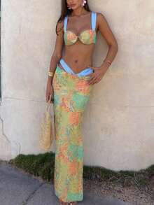 Fashion Print Sexy Swimsuit Match Skirt 3 Pieces Set