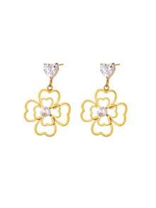 1 对女士锆石珍珠四叶草耳环金色不锈钢花朵耳环圣诞婚礼珠宝礼物 - 彩色 - 查看 8