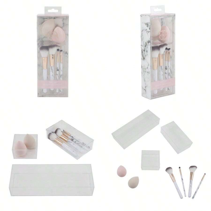9 Pc Set 4 Hite Brushes 2 Pink Spons 3 Piece Cler Plstic Orgnizer Set - asPic - Xem 1