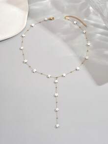 2pcs Stainless Steel Star Shaped Beaded Necklace, Gold Plating Y-Shaped Chain Necklace, Cute Style Suitable For Dating Or Valentine's Day Gift For Your Loved One, Sexy Collarbone Chain Accessory - Gold - View 8