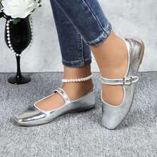 Mary Jane Flat Shoes Round Toe Ballet Flats For Women Dressy Fabric Business Flats Comfortable Classic Strap Flats For Office JUJU-1 - Bạc - Xem 3