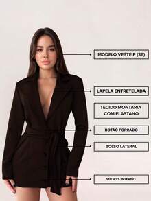 BLOG Macacão  Blazer Curto Feminino Com Cinto Faixa 9384