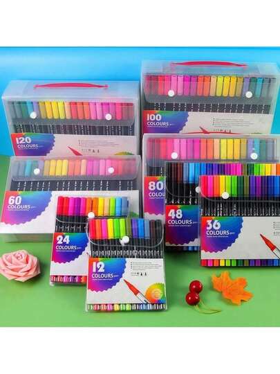 Kit 12/24/36/48/60 Cores Caneta 2 em 1 Brush Lettering e Ponta Fina Dual Pen Canetinha Colorir Desenho