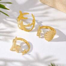 3pcs Metal Fashion Ocean Series Ring Set, Shell & Starfish, Adjustable, Women Summer Beach Jewelry