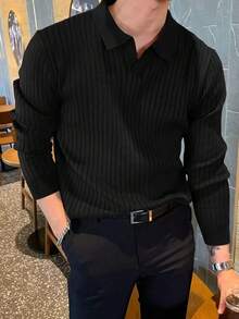 Men's Long Sleeve Ribbed Knit Polo Shirt, Simple & Fashionable, Suitable For Commuting, Spring & Autumn