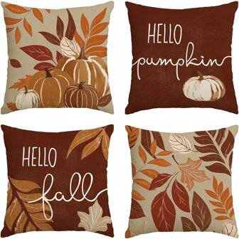 Hello Fall Pumpkin Leaves Pillow Covers, 18 X 18 Inch Seasonal Thanksgiving Harvest Cushion Case Decoration For Sofa Couch