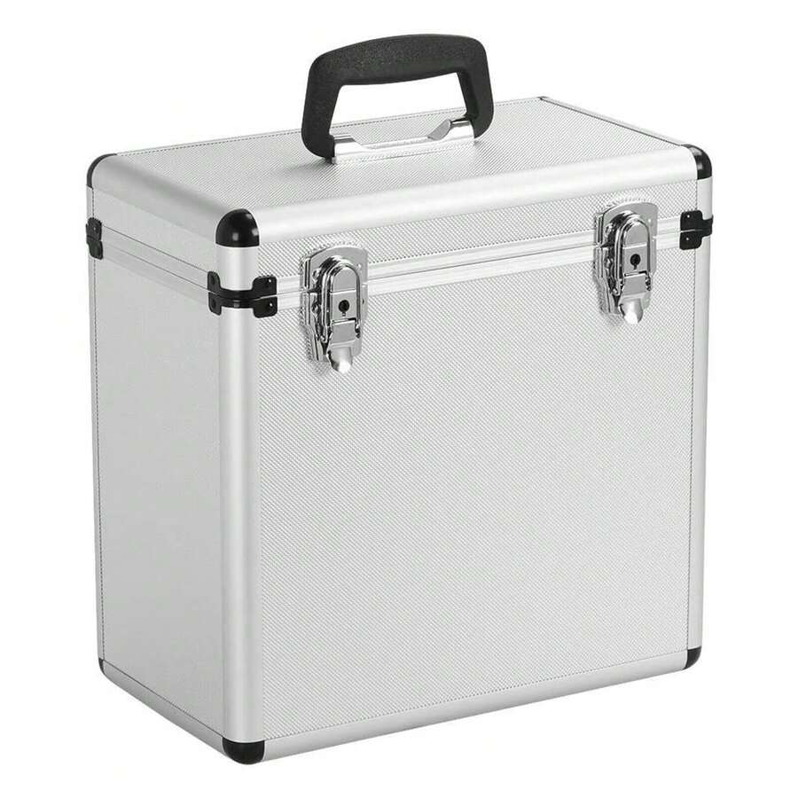 12" Vinyl LP Record Storage Box Storage Box Case Aluminum Portable Lockable DJ Flight Carry Case Holds 50pcs Albums - Silver - View 1