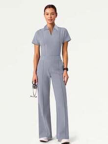 Women's V-Neck Short Sleeve Multi-Pocket Elastic Pants Scrubs, Nurse Scrubs Workwear, Dentist Healthcare Pet Hospital Laboratory Uniform Set - Light Grey - View 3