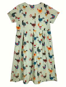 Plus Size Fun Cartoon Chicken Pattern Dress - Flowing Silhouette & Round Neckline With Pocket Design, Casual Style - 淺綠色 - 查看 2