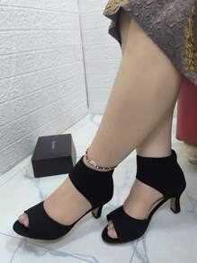 Wide Width Plus Size Women Sandals, Knitted Breathable Fabric Mid Heel Sandals, Fashionable Open Toe Elastic Chunky Heel Sandals, Match-All Backless Outdoor Sandals, Black High Heel Shoes