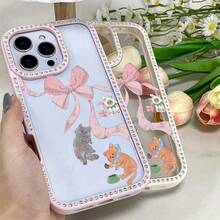 Funda para teléfono 1 unidad, lazo rosa, lindos gatos, brillante, doble cara | Funda brillante 11/12/13/14/15/16 - Rosa - Ver 2