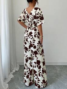 女士褶皱不对称黑白印花连体裤，腰部系带高腰阔腿宽松休闲工作连体裤夏季度假 - 咖啡 - 查看 2