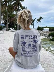 Summer Tops Mother's DayWomen's New Summer Casual Round Neck Short Sleeve T-Shirt, Simple Versatile Palm Tree Slogan Print, Suitable For Daily Wear. Graphic Tee, Women's T-Shirt Top Vacation.Loose And Comfortablesummer Clothes Easter - 灰色 - 查看 2