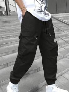 Calça cargo masculina casual com vários bolsos e cordão no tornozelo para atividades ao ar livre - Preto - Ver 1