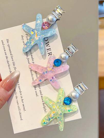 3pcs/Set Fashion Versatile Hair Accessories For Girls, Adorable Colorful Starfish & Pearl Hair Clips, Barrettes, Hairpins Suitable For Outdoor Travel, Photo Shoots