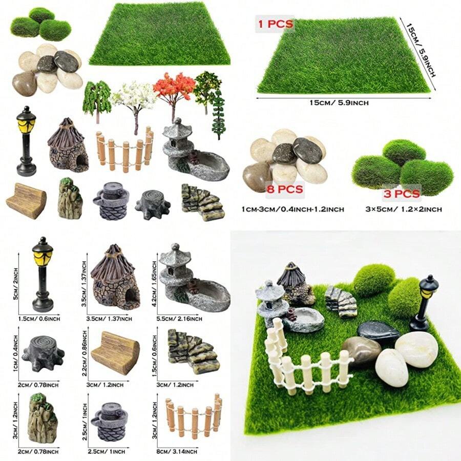 Cayway 26 PCS Outdoor Fairy Garden Miniatures Mini Zen Garden Accessories Artificial Grass Model Trees Terrarium Ornaments Dollhouse Supplies Bonsai Decorative Craft Tools Kit - as pic - View 1