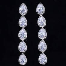 SEQUITO 2Pcs High Quality Silver Plated Paved 5pcs AAA Cubic Zirconia Long Water Drop No Pierce Clip On Earrings Women Non Hole Ear Jewelry For Wedding Party