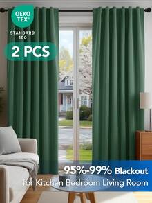 2 Pcs Blackout Curtains – Simple Strap Style, Thick Blackout Fabric, Suitable For Sunshade And Heat Insulation In Multiple Scenes - Màu xanh lá cây đậm - Xem 1