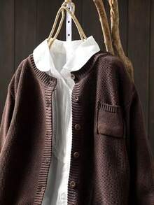 女士休闲加大码长袖开衫，带侧袋，秋冬款 - 咖啡 - 查看 4